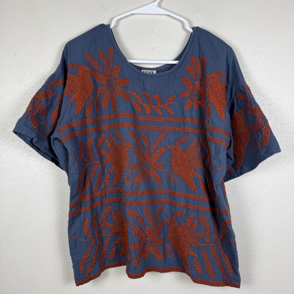 Sister Mary Luna Embroidered Blue Floral Short-Sleeve Blouse